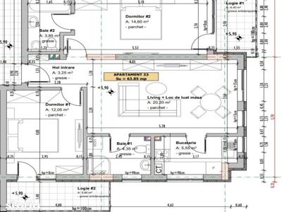 Apartament de 3 camere, semifinisat, 63,85 mp, semidecomandat, zona Vi