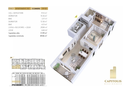 Apartament cu 3 camere, Etaj 2, Capitolis Residence