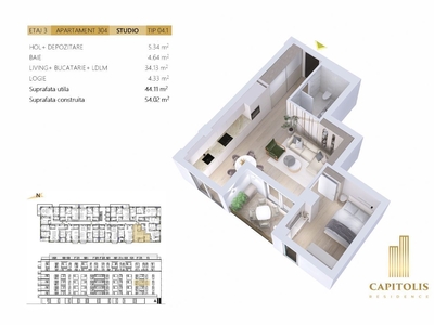 Apartament tip Studio, orientare Vestică, Capitolis Residence