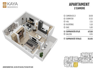 Apartament 2 camere 55.85mp