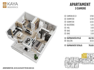 Apartament 3 camere 70.85mp