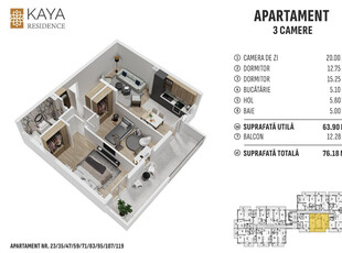 Apartament 3 camere 76.18mp