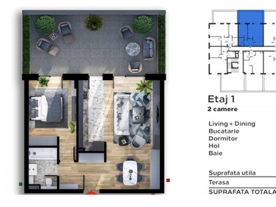 Apartament de 2 camere, 55 mp utili, terasa 30 mp