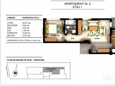 Apartament 2 camere, 63.42 mp, in ansamblu rezidential nou,