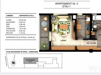 Apartament 2 camere, 64.29 mp, in ansamblu rezidential, zona