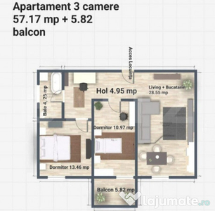 Apartament 3 camere, 63 mp, zona Miroslava