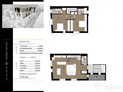 Apartament pe doua niveluri, 3 camere, 97 mp, terasa de 5,8