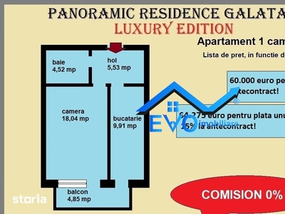 Apartament 1 camera, 42,85 mp, decomandat, de vanzare in Galata Iasi