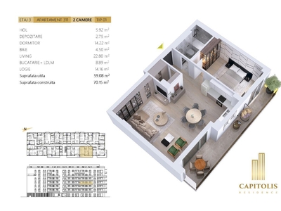 Apartament cu 2 camere, terasă generoasă, Capitolis Residence