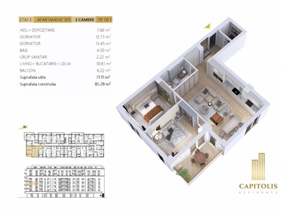 Apartament cu 3 camere, etaj intermediar, Capitolis Residence