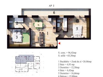 Vanzare- Apartament cu 3 camere si 2 bai, decomandat, situat la parter inalt, bloc nou, semifinisat, zona Canal 7
