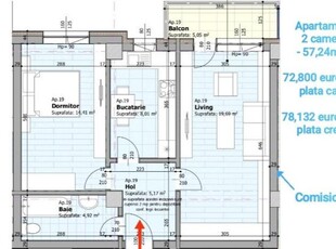 Apartament 2 camere, 57,24 mp, decomandat, Galata Iasi Sos. Voinesti