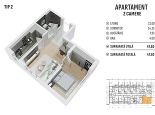 APARTAMENT 2 CAMERE DECOMANDAT - 47.8mp