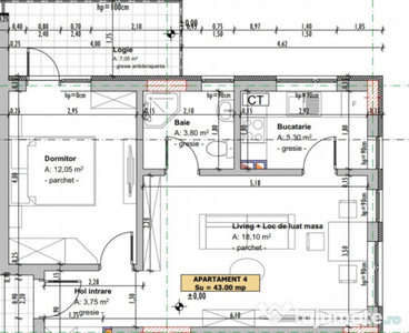 Apartament de 2 camere, decomandat , semifinisat, 43 mp, zon