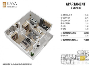 Apartament 3 camere 76.18mp, zona centrală Bistrița - KAYA Residence