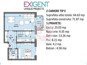 Exigent Plaza | Apaartament 2 camere | 65mp | decomandat | B7889