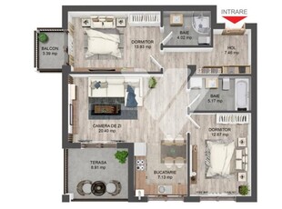 Apartament 3 camere 2 bai cu boxa etaj 2 Pictor Brana Selimbar