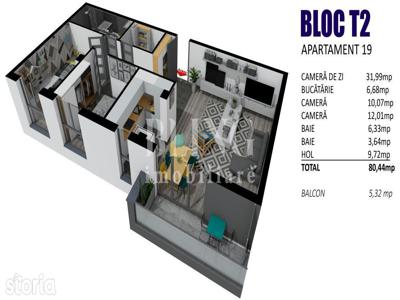 Apartament 3 camere, 80 mp, Finisat, 5 mp balcon, zona Teilor