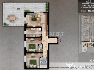 Apartament 3 camere finalizat cu terasa 46 mp