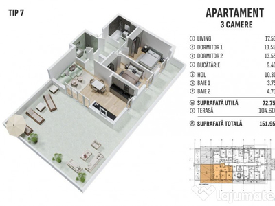 Apartament 3 camere cu terasa de 105 mp metrou Berceni