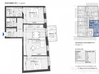 Apartament de 3 camere, etaj intermediar, semifinisat, zona