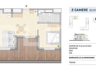 Apartament 2 camere, finisat cu terasa, orientare SUDICA