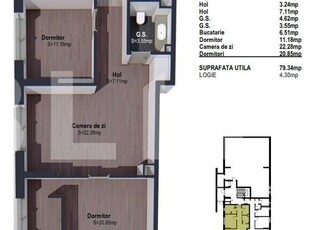 Apartament de 3 camere semifinisat, 79mp, bloc nou, zona linistita