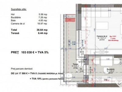 Apartament 1 camera 36 mp, terasa, Intre Lacuri