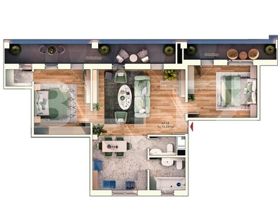 Apartament 3 camere, 2 bai, 71 mp, 24 mp balcon, parcare subterana