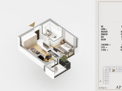 Studio, etaj 6, suprafata 44.68 mp, an 2025 | incalzire in pardoseala (ID: 60B)