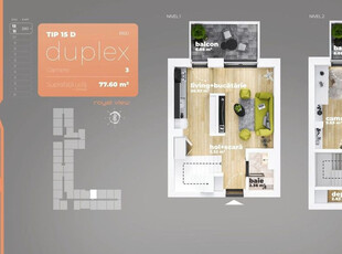 Duplex 3 camere Piata Sudului 63.72 mp utili