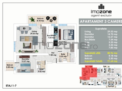 Apartament cu 3 Camere, Bucatarie Inchisa, 2 Bai, Doua Balcoane, langa Metrou