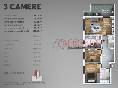 Finalizat - 3 camere cu terasa 90 mp