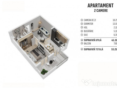 Apartament de 2 camere finisat, 45 mp, cartier rezidential n