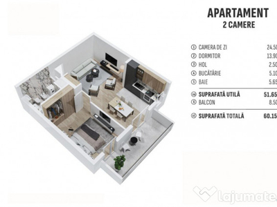 Apartament de 2 camere finisat, 51 mp, cartier rezidential n