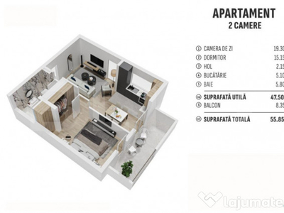 Apartament de 2 camere finisat, 55 mp, cartier rezidential n