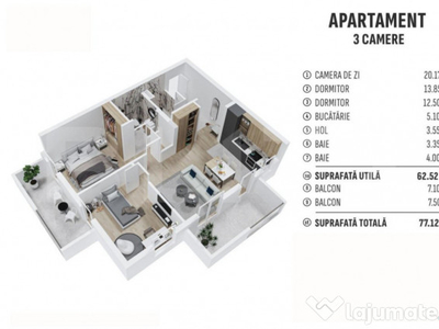 Apartament de 3 camere finisat, 62mp utili, cartier reziden?