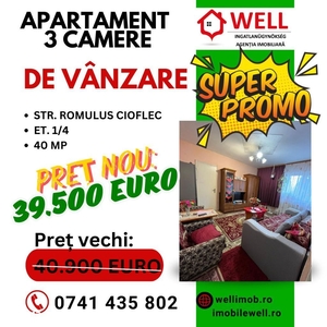 De vânzare apartament cu 3 camere , pe strada Romulus Cioflec