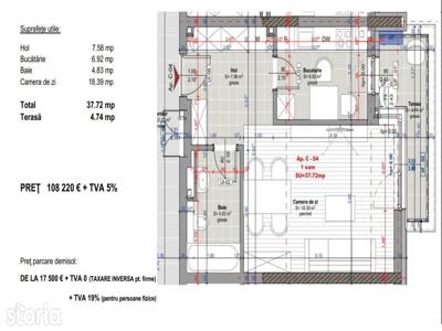 Apartament cu 1 camera 37 mp, terasa, Intre Lacuri