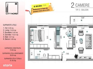 Apartament 2 camere 61.4 mpu | Proiect Nou CITY NORD 1 Decembrie