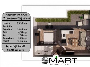 Penthouse 2 camere, 50mp utili + 33mp terasa, zona Tractorul