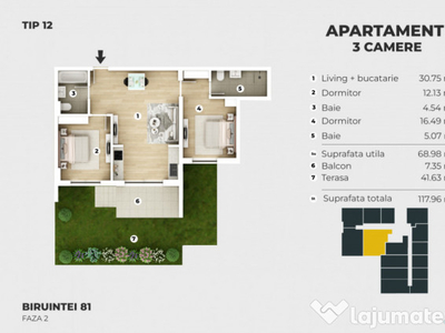 APARTAMENT 3 CAMERE / COMISION 0% / CURTE PROPRIE 42 MP