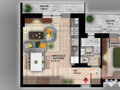 Apartament de 2 camere tip studio, decomandat, în zona T...