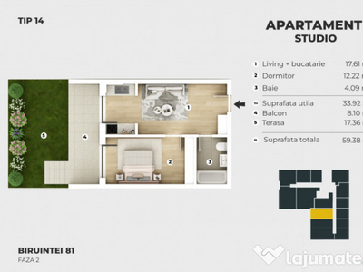 APARTAMENT TIP STUDIO - CURTE PROPRIE 17 MP - COMISION 0% -